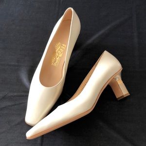 Salvatore Ferragamo Ivory/Gold Block Heel